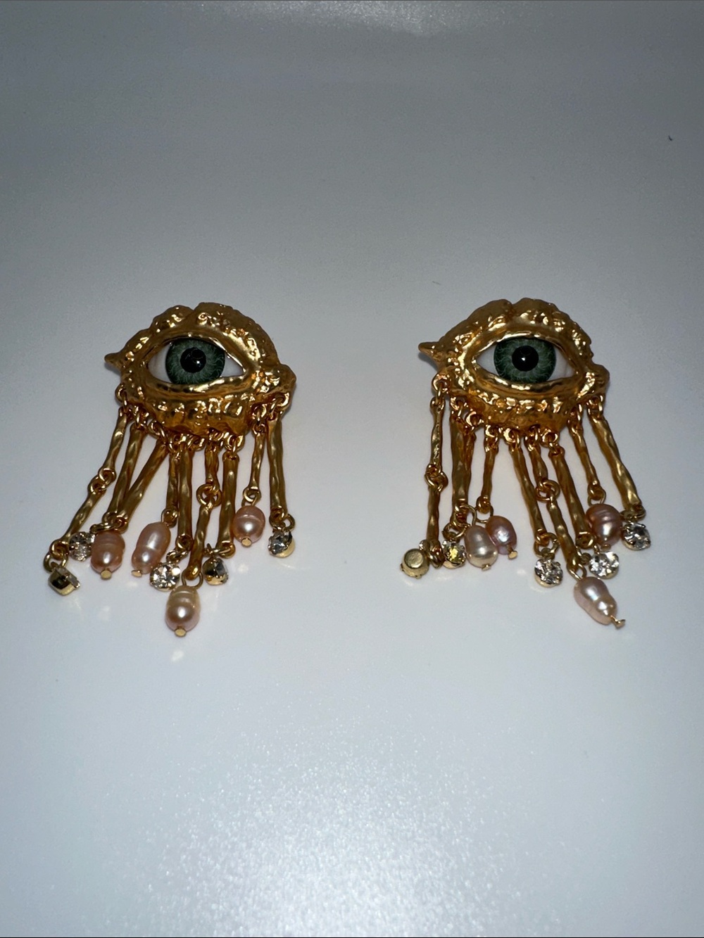 Gold Eye Fringe Drop Earrings with Green Enamel